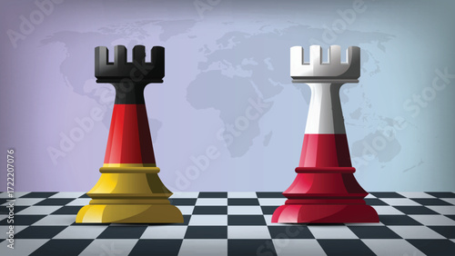 Two Standing Rooks Representing Germany vs Poland with Flags on Bodies and World Map in Background