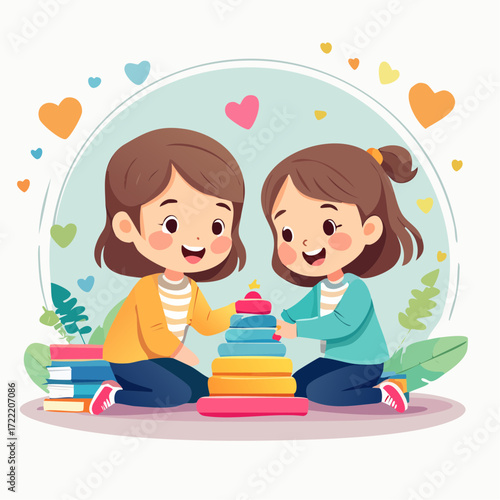 Two young girls happily playing together with a colorful stacking toy, surrounded by hearts.