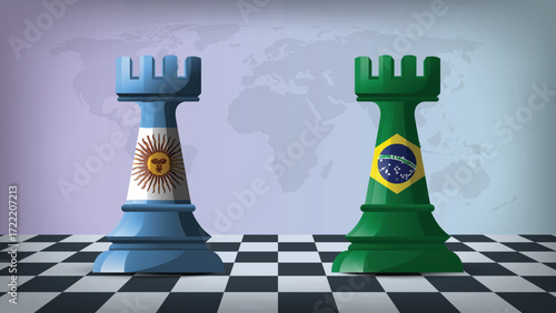 Two Standing Rooks Representing Brazil vs Argentina with Flags on Bodies and World Map in Background