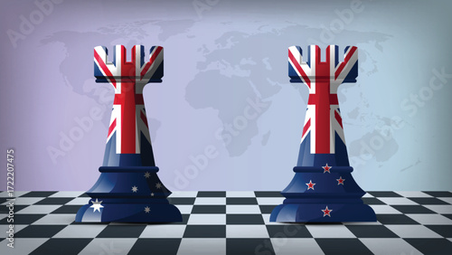 Two Standing Rooks Representing Australia vs New Zealand with Flags on Bodies and World Map in Background