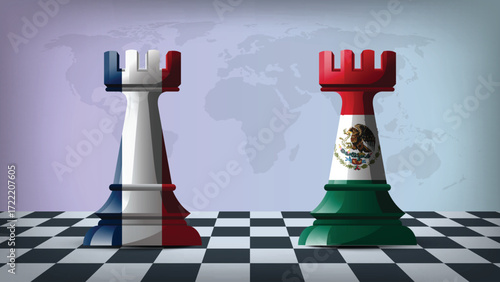 Two Standing Rooks Representing Mexico vs France with Flags on Bodies and World Map in Background