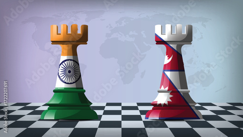 Two Standing Rooks Representing India vs Nepal with Flags on Bodies and World Map in Background