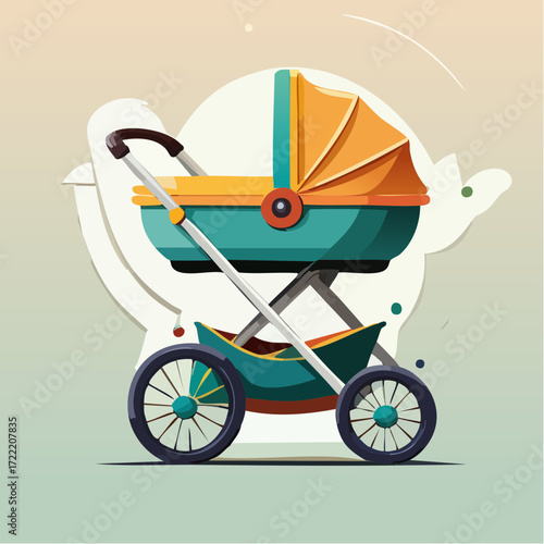 A colorful, stylized illustration of a baby stroller with a teal bassinet and an orange canopy, set against a light, abstract background.