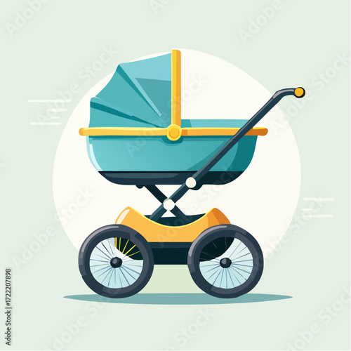 A stylized illustration of a modern baby stroller with a teal bassinet and yellow frame, set against a pale green background.