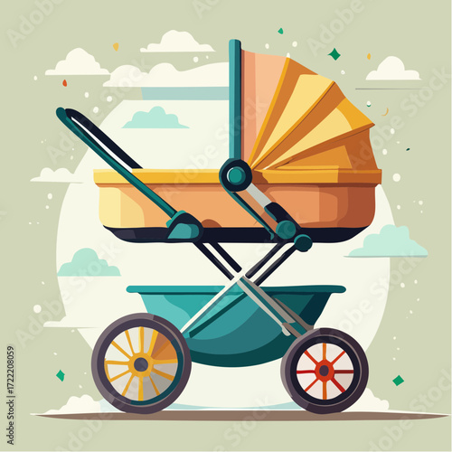 Illustration of a baby stroller with a sunshade, wheels, and a handle, set against a cloudy sky.