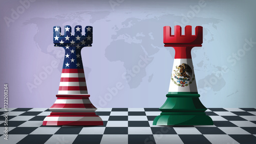 Two Standing Rooks Representing USA vs Mexico with Flags on Bodies and World Map in Background