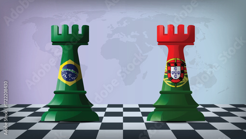 Two Standing Rooks Representing Portugal vs Brazil with Flags on Bodies and World Map in Background