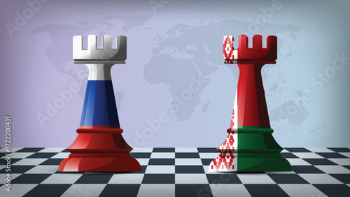 Two Standing Rooks Representing Russia vs Belarus with Flags on Bodies and World Map in Background