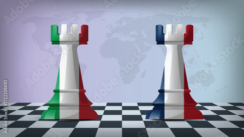 Two Standing Rooks Representing France vs Italy with Flags on Bodies and World Map in Background