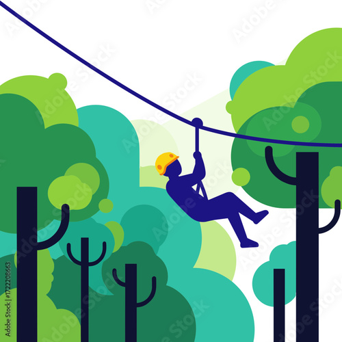 Stylized flat graphic of a person in a blue silhouette and yellow helmet hanging from a zip line cable.