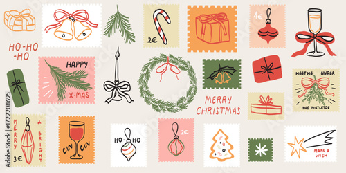 Winter vacation hand drawn post stamps in doodle sketch style. Christmas or new year holidays elements for poster, placard or postcard prints. Xmas vector illustrations for mail, letters and scrapbook