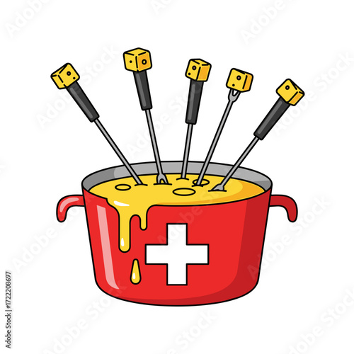 Swiss Cheese Fondue in Red Pot with Forks and Cubes.
