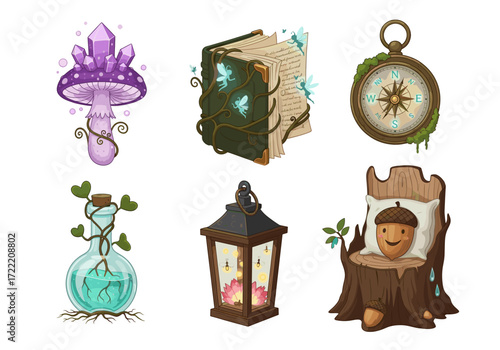 Enchanted Forest Objects Vector Set – Flat Magical Icons of Crystal Mushroom, Fairy Book, Compass, Potion, Firefly Lantern, and Tree Stump Chair