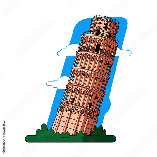 Leaning Tower of Pisa Cartoon Style Architectural Illustration Italian Landmark.