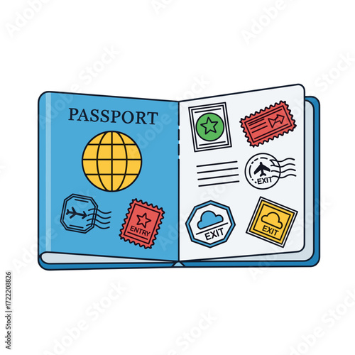 Open blue passport illustration with a yellow globe and colorful entry and exit travel stamps.