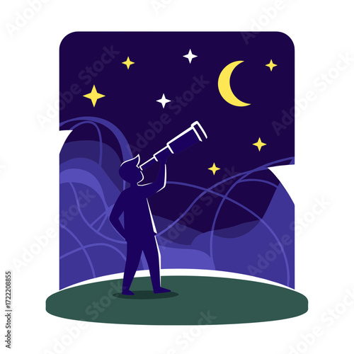 Stylized silhouette of a stargazer observing the crescent moon and stars with a telescope.