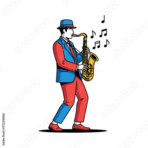 Vibrant Cartoon Jazz Musician in Fedora and Suit Playing Ornate Golden Saxophone.