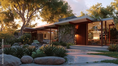 mid century modern home - drone camera -midmod house exterior with stone, wood and glass windows. Mcm period furniture inside. Beautiful atomic ranch home exterior. Establishing shot, horizontal dolly