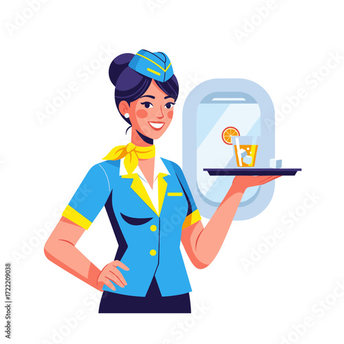 Professional smiling female flight attendant in blue and yellow uniform holding a beverage tray.