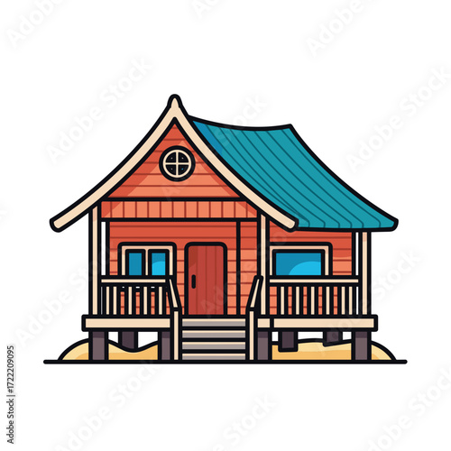 Charming cartoon beach house illustration with orange siding blue gabled roof elevated on stilts featuring a front porch and steps.