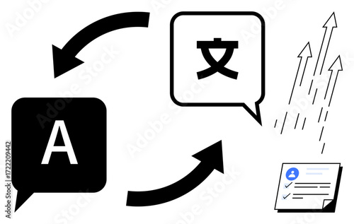 Speech bubbles with letters and symbols connected by arrows, pointing towards document and upward arrows. Ideal for communication, globalization, language services, workflow, productivity, education