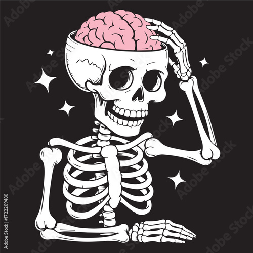 Playful Skeleton with Brain Hand-Drawn Sticker Illustration