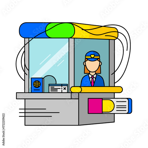 Vector Illustration of a Ticket Booth with Attendant and Passport.