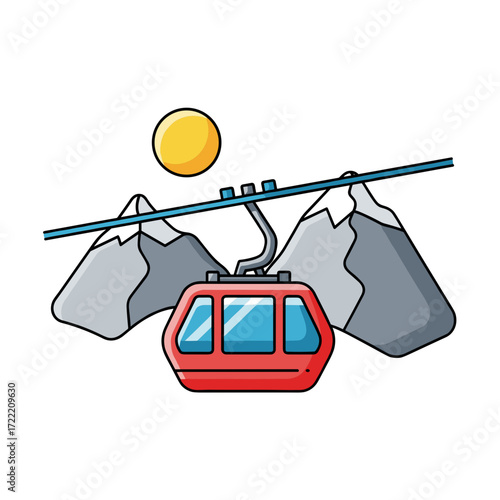 Cartoon Red Gondola Lift with Blue Windows Mountains and Sun.