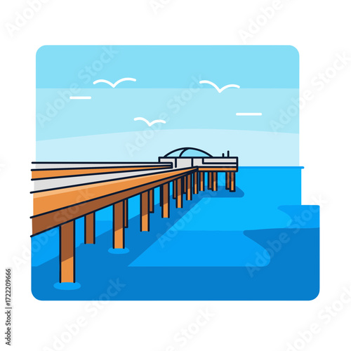 Vector Illustration of a Wooden Pier Extending Over Blue Water.