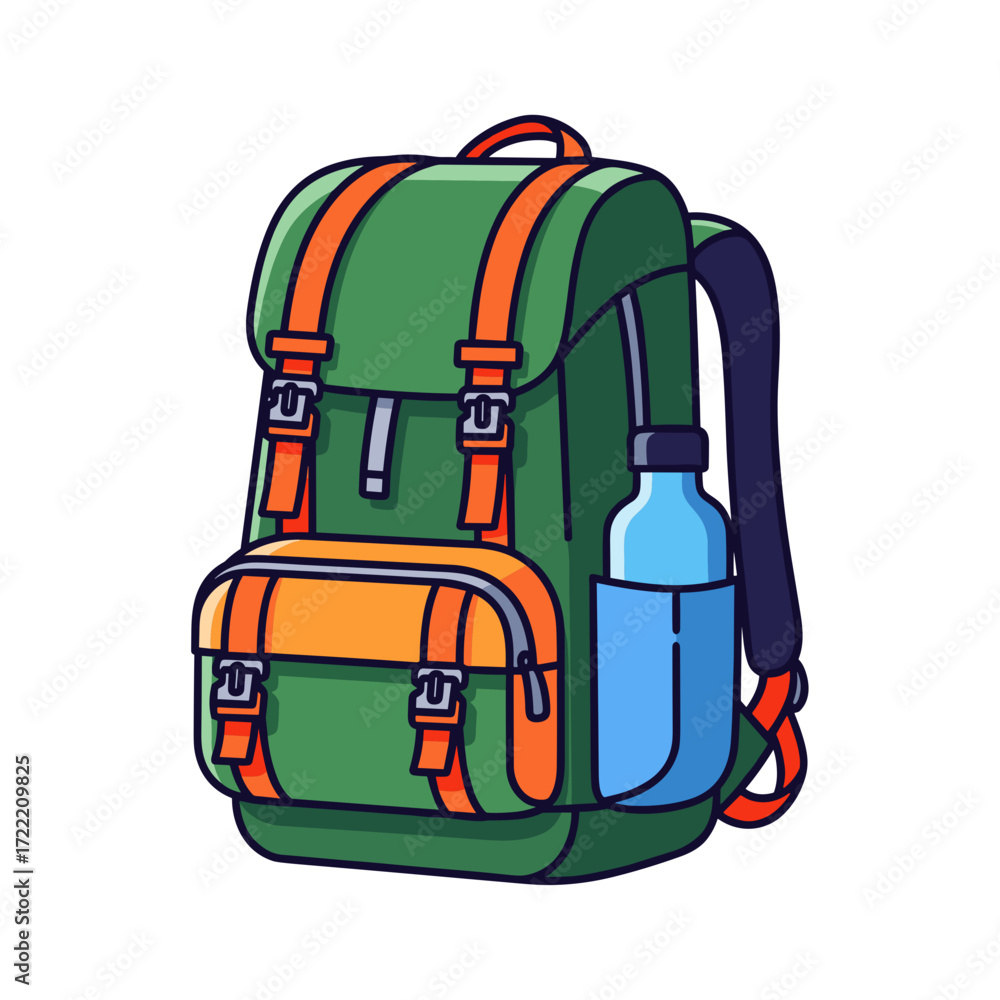 Fototapeta premium A vibrant green and orange cartoon hiking backpack with multiple straps buckles and a blue water bottle in the side pocket.