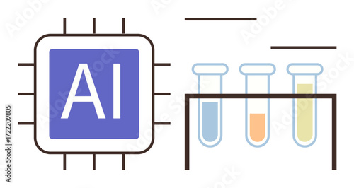 Microchip labeled AI next to three test tubes in varying colors on a rack, combining technology and science. Ideal for AI, innovation, data analysis, biotechnology, chemistry, automation, education