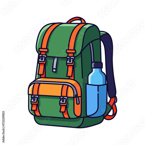 A vibrant green and orange cartoon hiking backpack with multiple straps buckles and a blue water bottle in the side pocket.