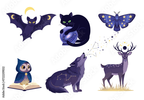 Magical nighttime animal set – bat, black cat, moth, owl, wolf, and deer with glowing moon and stars, all in mystical cartoon vector style, isolated (2)