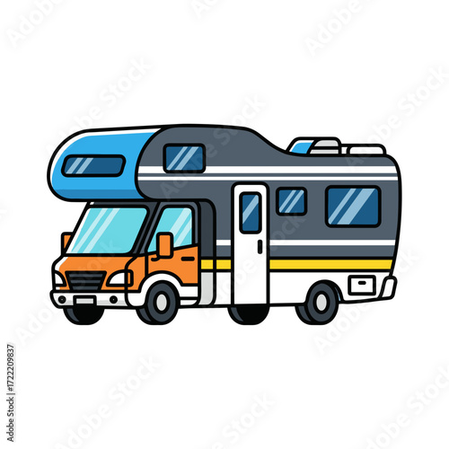 Colorful cartoon Class C motorhome illustration with a bright orange cab blue overcab bunk and bold black outlines.