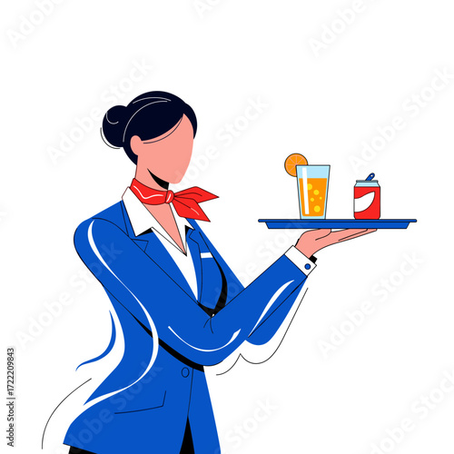 Professional Flight Attendant in Blue Uniform Serving Drinks on Tray Flat Vector Illustration.