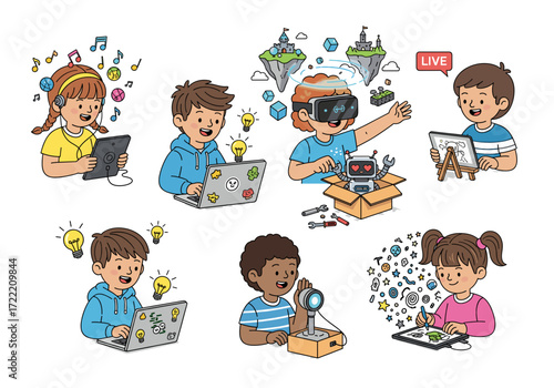 Kids and Tech Vector Set – Flat Cartoon Children Using Tablets, Laptops, VR, Robots, and Digital Art Tools in Playful Modern Creative Activities