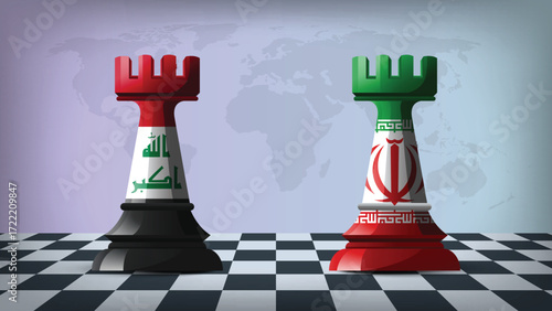 Two Standing Rooks Representing Iran vs Iraq with Flags on Bodies and World Map in Background