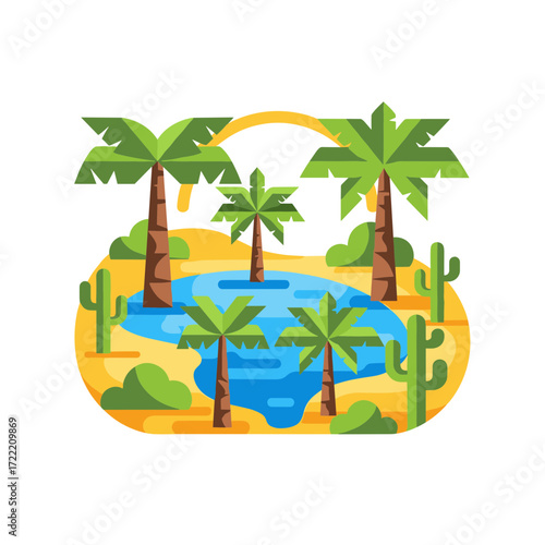 Flat Design Oasis with Palm Trees Cactus and a Pool of Water.