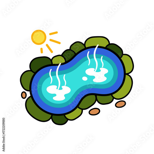 Cartoon hot spring with steam rising under a sunny sky.