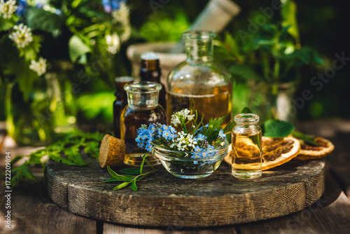 Aromatherapy, beauty, health care. Ayurveda, naturopathy. Pure fresh organic ingredients for cosmetics, perfumery production. Essential oil, mint, calendula, camomile, plant-based herbal extracts