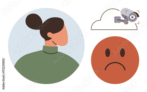 Woman glancing backward, security camera in cloud corner, sad face symbolizing surveillance anxiety. Ideal for privacy, monitoring, technology ethics, personal security, sadness, compliance