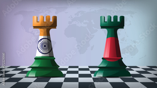 Two Standing Rooks Representing India vs Bangladesh with Flags on Bodies and World Map in Background