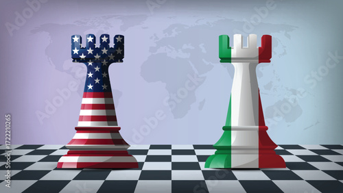 Two Standing Rooks Representing USA vs Italy with Flags on Bodies and World Map in Background