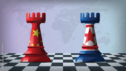 Two Standing Rooks Representing China vs North Korea with Flags on Bodies and World Map in Background