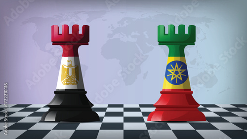 Two Standing Rooks Representing Egypt vs Ethiopia with Flags on Bodies and World Map in Background