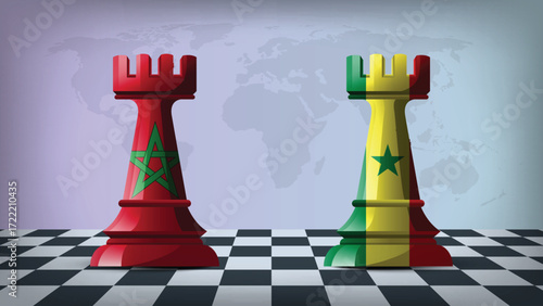 Two Standing Rooks Representing Morocco vs Senegal with Flags on Bodies and World Map in Background