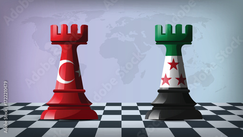 Two Standing Rooks Representing Turkey vs Syria with Flags on Bodies and World Map in Background