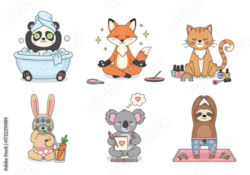 Self-Care Animal Vector Set – Flat Cartoon Panda, Fox, Cat, Bunny, Koala, and Sloth Relaxing with Spa, Yoga, Journaling, and Mindful Wellness Activities