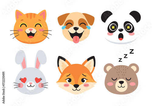 Set of cute animal face icons showing emotions – happy cat, giggling dog, surprised panda, loving bunny, shy fox, sleepy bear – isolated vector style