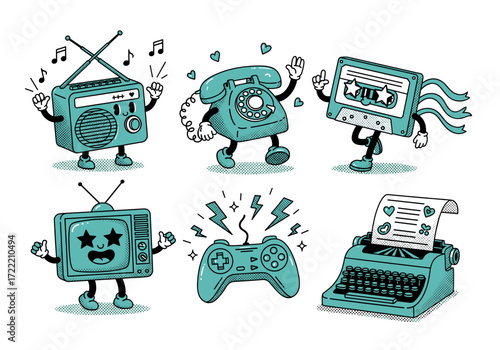 Retro vintage tech characters vector set – radio, rotary phone, cassette, TV, game controller, and typewriter in monocolor halftone style, isolated background (2)